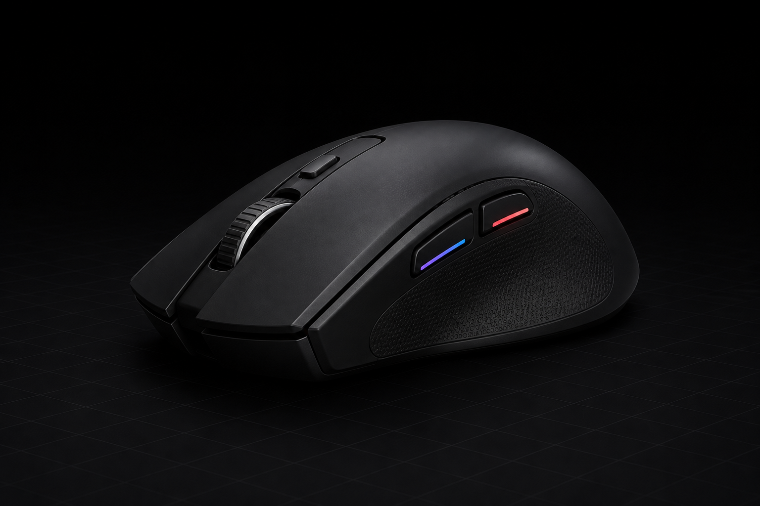 Black gaming mouse with two illuminated Aylo side buttons